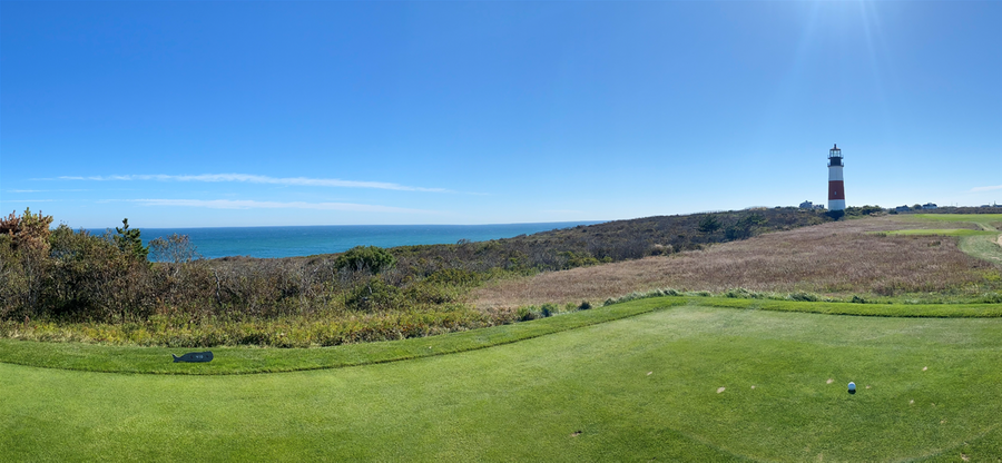 Standing on the 5th tee box looking at the Sankaty Head Light and Atlantic Ocean
